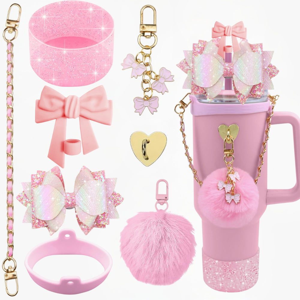 Wholesale mug accessories portable chain bow straw decorative silicone cup set cup chain flower pendant